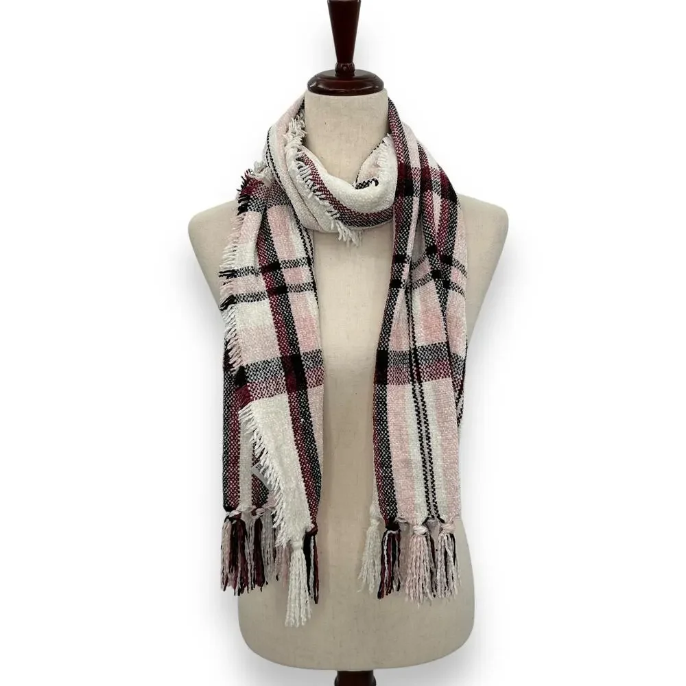 NEW Style & Co Chenille Plaid Fringe Trim Scarf Macys Pink White Tartan coquette - Picture 6 of 8